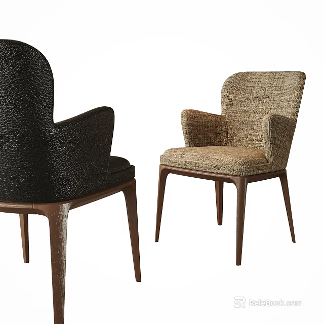Modern Black Leather and Beige Woven Dining Chairs with Armrests and Dark Wooden Legs 3d model 