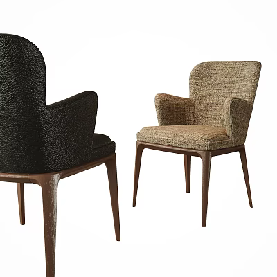 Modern Black Leather and Beige Woven Dining Chairs with Armrests and Dark Wooden Legs 3d model