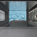 Modern Showroom Interior With Water Ripple Backdrop Ceiling Design And Reception Desk 3d model