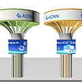 Two ACNN Logo Columns With Green Gold Circular Top And Digital Screen