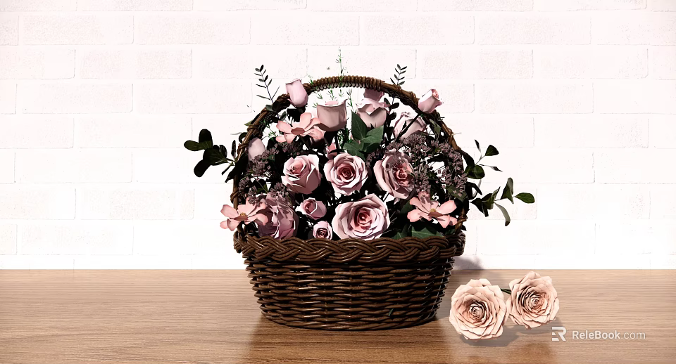 Wicker Basket With Pink And Lavender Roses On Wooden Table White Brick Wall 3d model 