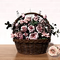 Wicker Basket With Pink And Lavender Roses On Wooden Table White Brick Wall