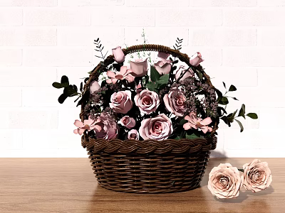 Wicker Basket With Pink And Lavender Roses On Wooden Table White Brick Wall 3d model