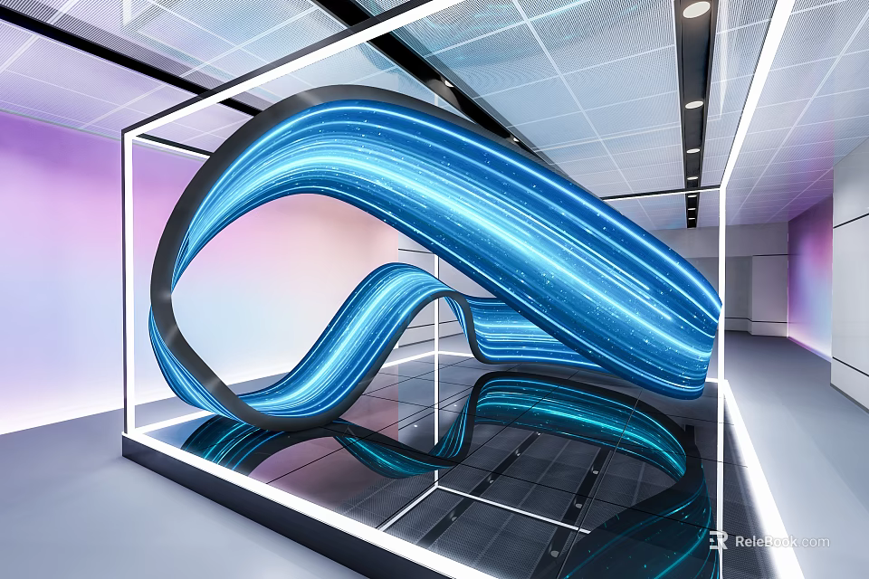 Modern Illuminated Blue Curved Structure In Transparent Display With Reflective Floor 3d model 