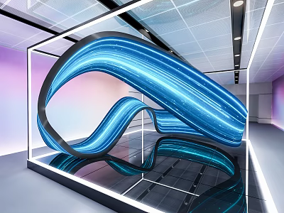 Modern Illuminated Blue Curved Structure In Transparent Display With Reflective Floor 3d model