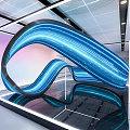 Modern Illuminated Blue Curved Structure In Transparent Display With Reflective Floor