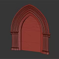 Ornate Arched Entrance Door With Carved Wooden Surface And Stone Archway Frame