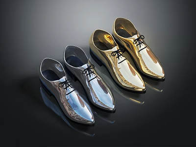 Stylish Silver And Gold Shoes With Shoelaces Reflective Material Three Pairs On Black Background 3d model