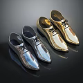 Stylish Silver And Gold Shoes With Shoelaces Reflective Material Three Pairs On Black Background