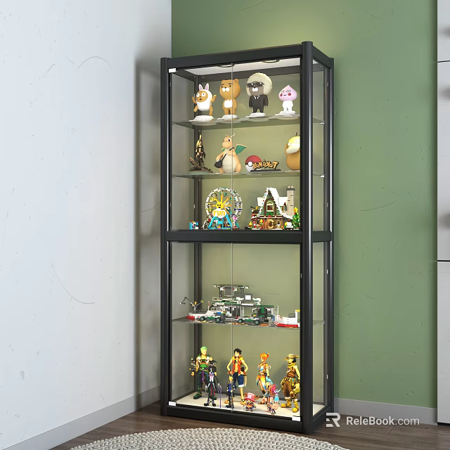 Black Frame Display Cabinet With Glass Shelves For Collectible Toys And Figurines 3d model 