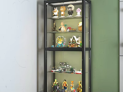 Black Frame Display Cabinet With Glass Shelves For Collectible Toys And Figurines 3d model