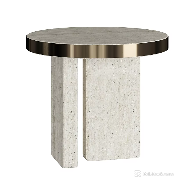 Modern Round Top Side Table With Metal Rim And Concrete Column Legs 3d model 