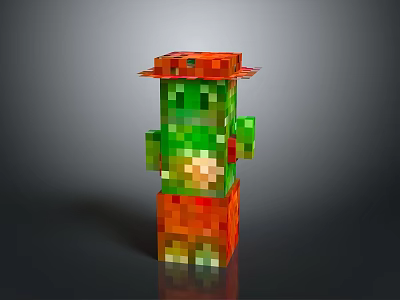 Pixel Style Green Character Decorative Figurine With Red Hat And Orange And Green Block Body 3d model