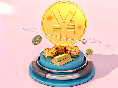 Yen Symbol On Blue Base With Gold Coins And Shining Gold Bars 3d model