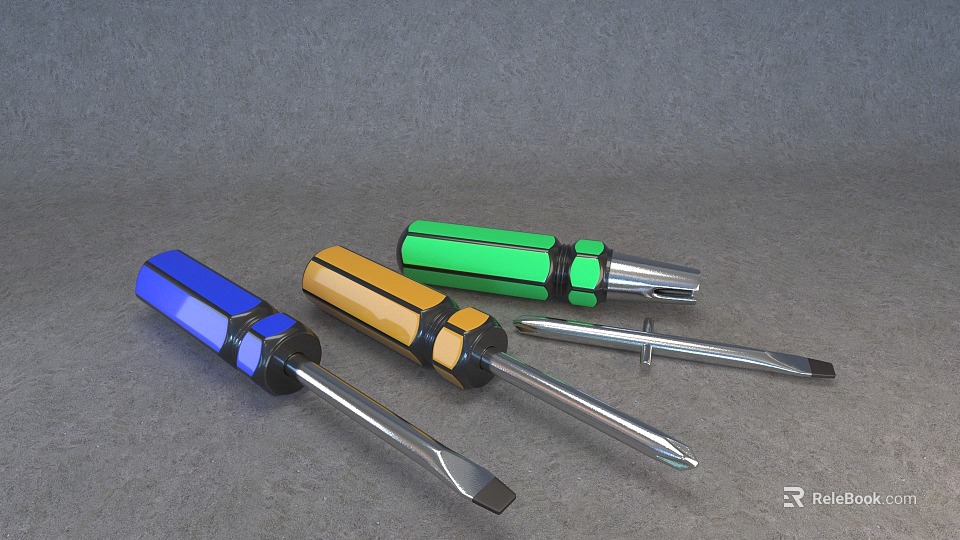 Durable Hardware Screwdrivers With Blue Yellow Green Colorful Handles And Metal Bits For Professional Use 3d model 