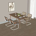 Modern Wooden Dining Table Set With Four Rattan Chairs Metal Frame And Tabletop Decorations