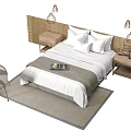 Double Bed with Rattan Headboard White Gray Bed Sheets Bedside Table Pendant Lights and Rug