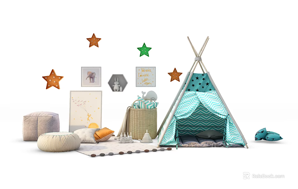 Colorful Teepee Tent in Kids Playroom With Star Decor Wall Art and Soft Cushions 3d model 