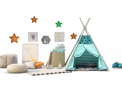 Colorful Teepee Tent in Kids Playroom With Star Decor Wall Art and Soft Cushions 3d model