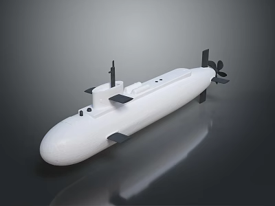 White Submarine Model With Black Conning Tower Propeller And Rudders On Gray Reflective Surface 3d model