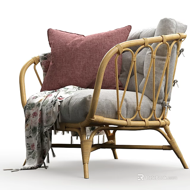 Stylish Wicker Outdoor Chair With Pink Cushion And Floral Blanket For Patio Use 3d model 