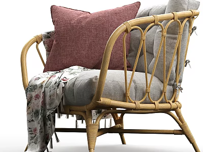Stylish Wicker Outdoor Chair With Pink Cushion And Floral Blanket For Patio Use 3d model