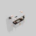 Elegant White Vanity with Marble Countertop Round Mirror and Gold Accents on Dark Gray Wall
