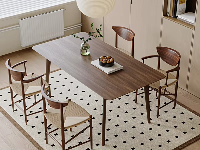 Modern Minimalist Wooden Dining Table Set with Four Chairs Vase and Pastries on Checkered Rug 3d model