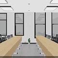 Rectangular Ceiling Lights On White Ceiling Illuminating Bright Room With Long Tables Chairs And Windows 3d model