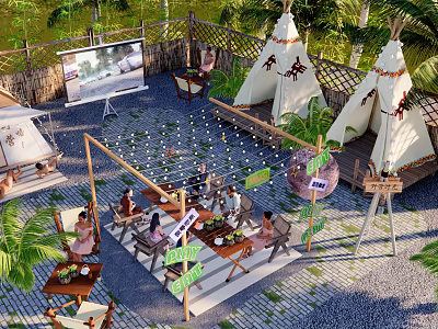 Outdoor Campsite With Tepees String Lights And People Gathering At Wooden Tables 3d model