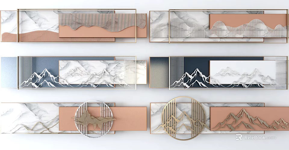 Elegant Modern Wall Decor with Mountain Patterns Marble Textures and Geometric Frames 3d model