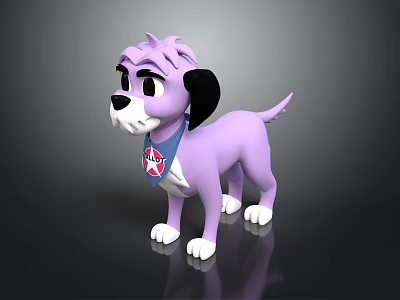 Purple Cartoon Dog Character With Black Ears Blue Bandana And Red Badge 3d model