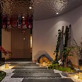 Japanese Restaurant Interior With Wooden Counter Hanging Lanterns Bottle Shelves And Wall Art