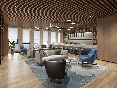 Café Interior With Wooden Ceiling Hanging Lights Large Windows Bar Counter Sofa Chairs Green Plant 3d model