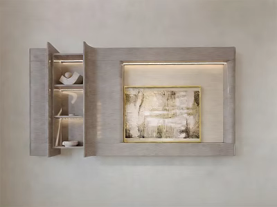 Wall Mounted Art Installation With Open Cabinet Abstract Painting And Golden Frame 3d model