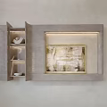Wall Mounted Art Installation With Open Cabinet Abstract Painting And Golden Frame