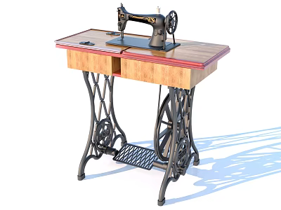 Vintage Industrial Sewing Machine With Wooden Tabletop And Metal Stand Structure 3d model