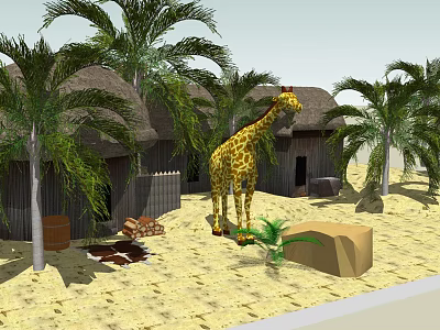 Giraffe Standing By Thatched Huts With Palm Trees In Sandy Tropical Area 3d model