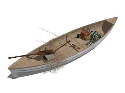 Wooden Boat Equipped With Fishing Rod Net Plaid Cloth And Basket On Deck 3d model