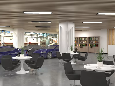 Modern Car Showroom Interior With Lounge White Tables Black Chairs Bookshelves And Green Plants 3d model