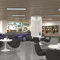 Modern Car Showroom Interior With Lounge White Tables Black Chairs Bookshelves And Green Plants