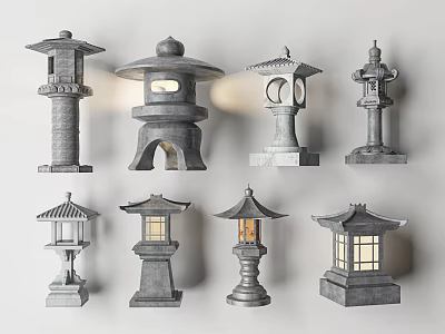 Japanese Style Outdoor Stone Lanterns With Various Designs For Garden Lighting 3d model