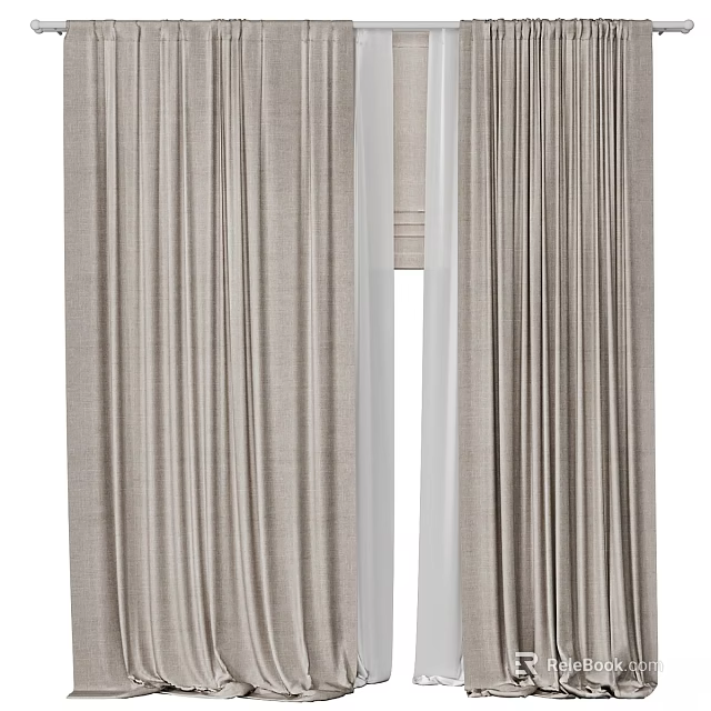 Beige Pleated Linen Curtains With Sheer White Panels And Textured Window Design 3d model 