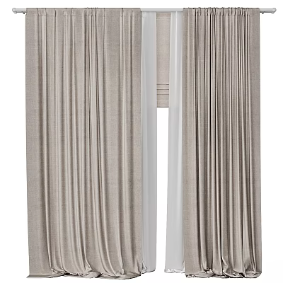 Beige Pleated Linen Curtains With Sheer White Panels And Textured Window Design 3d model