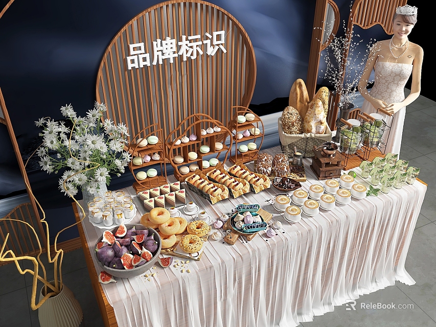 Elegant Dessert Table Setup With Bread Cupcakes Donuts Fruits And Flower Arrangement 3d model 