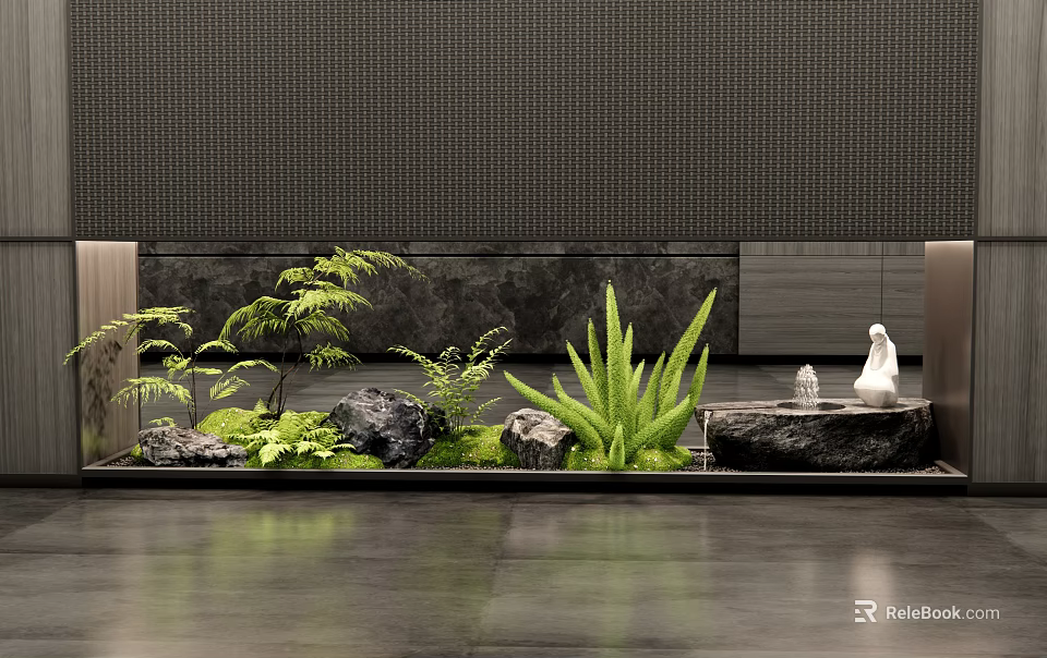 Modern Indoor Landscape With Green Plants Rocks Water Feature And White Sculpture 3d model 