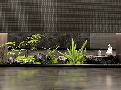 Modern Indoor Landscape With Green Plants Rocks Water Feature And White Sculpture 3d model