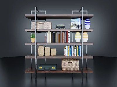 Stylish Multi Tiered Bookshelf With Various Books Magazines And Decorative Items 3d model