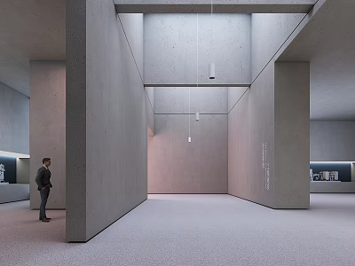 Spacious Modern Exhibition Hall Interior With Concrete Walls Pendant Lights And Standing Visitor 3d model