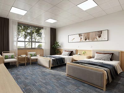 Hospital Outpatient Ward With Beds Sofas Large Windows And Decor 3d model